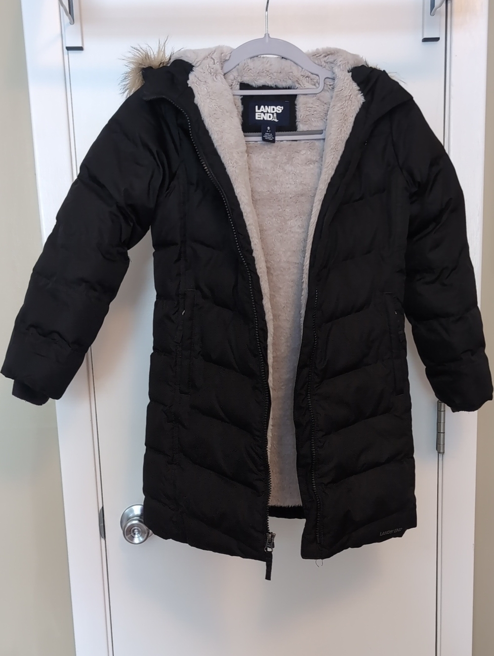 Lands' End Black Girls Fleece Lined Parka Coat with Faux-Fur Trim